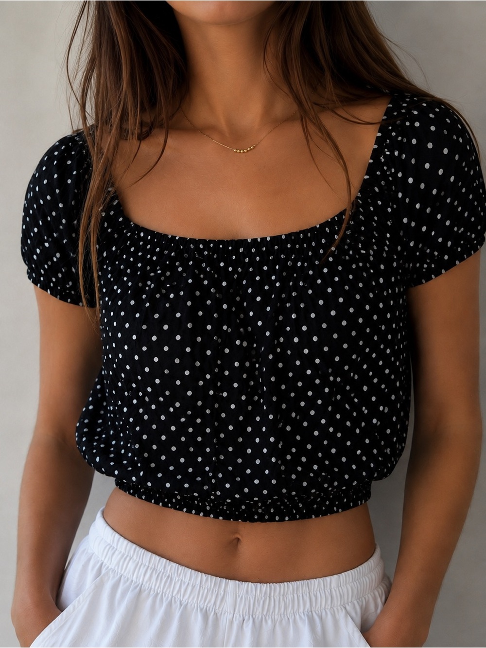 Women's Navy Polka Dot Cropped Puff-Sleeve Top